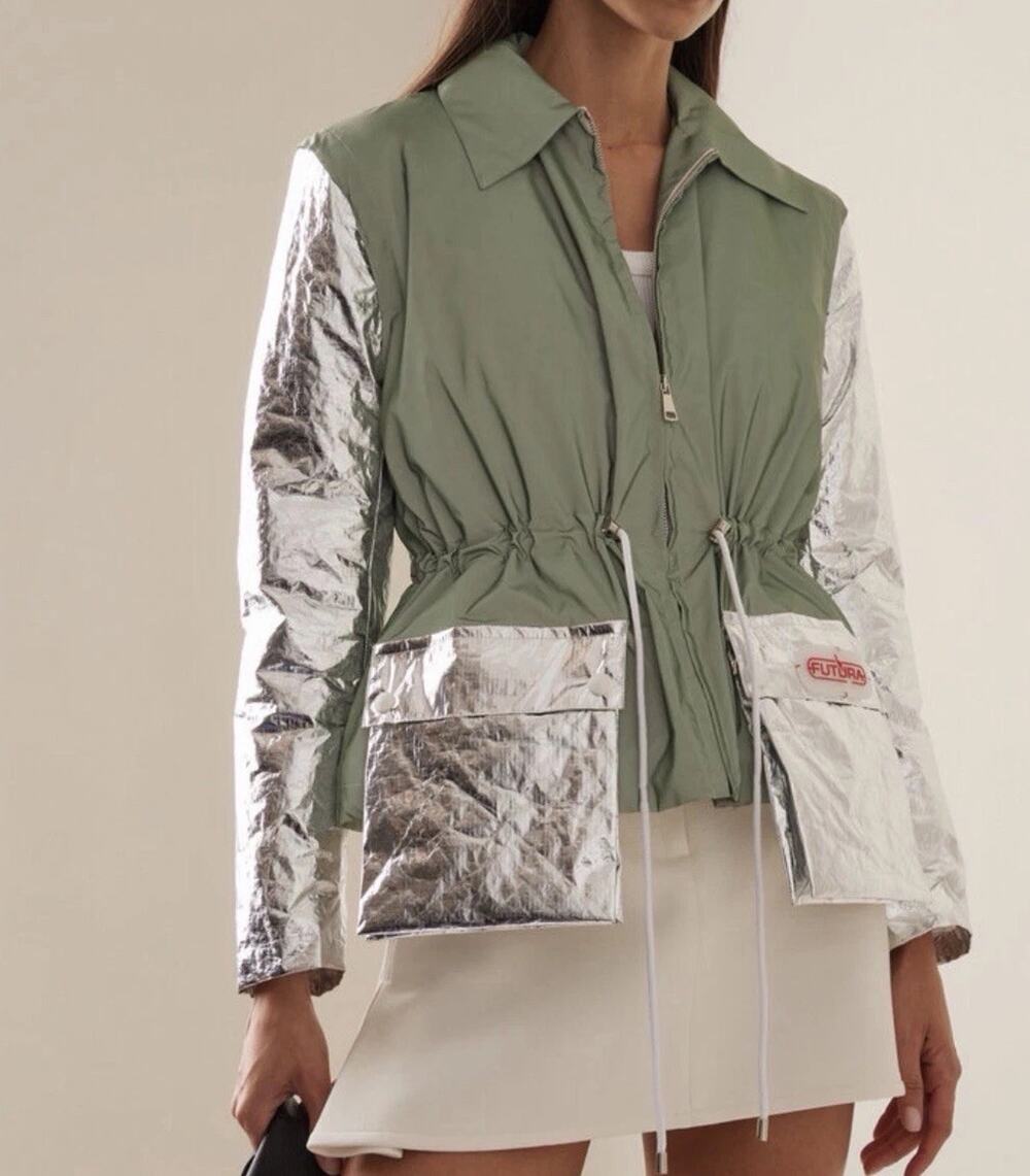 FUTURA Reflective Jacket Italian Designer $1320 Retail Silver Sage Green Rare